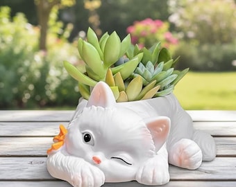 Cat Shaped Succulent Pot – Cute Flower Planter for Green Plants, Home Office, Living Room Decor