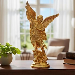 Saint Michael Archangel Statue – Christian Guardian Angel Figurine Defeating Satan, Zinc Alloy Religious Sculpture for Home or Office Decor