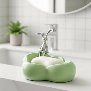 May include: A light green soap dish with a silver bunny figurine. The soap dish holds a white bar of soap. The bunny figurine is perched on the edge of the dish. The soap dish is on a white countertop.
