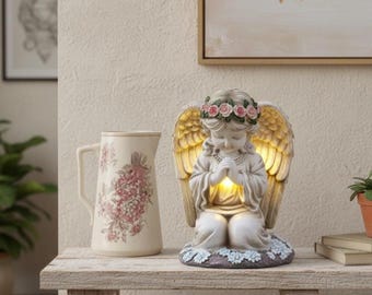 Solar Angel Statue – Resin Praying Angel Garden Decor with Waterproof Lights, Cemetery Memorial Figurine for Yard or Grave Decoration