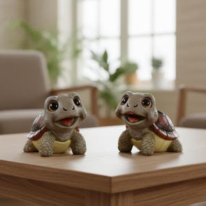May include: Two smiling turtle ornaments with grey heads, brown eyes, and red and brown shells. The turtles have yellow bellies and are on a wooden table. The background includes a window, chair, and plants.