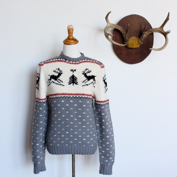 Novelty Deer Sweater Small  //  Hand Knit Wool Scandinavian Ski Sweater