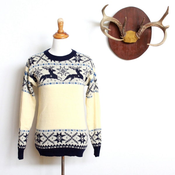 Novelty Deer Sweater Small  //  Hand Knit Wool Scandinavian Ski Sweater