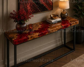 Crimson Red Epoxy Resin Console Table | Live Edge Burl Wood Entryway Table