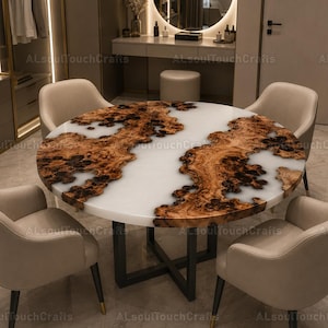 Luxury Round Wood Resin Dining Table | Milky White Epoxy River Table Top | Live Edge Burl Wood Dining Table | Custom Round Table