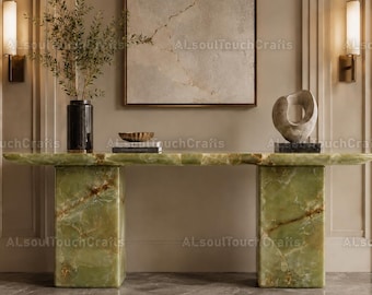 Luxury Green Onyx Console Table, Natural Stone Entryway Table, Modern Grand Foyer Table, Luxury Stone Slab Credenza, Handcrafted Sofa Table