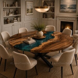 Round Epoxy Resin River Dining Table, Live Edge Walnut Wood Table, Deep Ocean Blue Resin Dining Table, Luxury Custom Round Kitchen Table