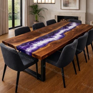 Handmade Walnut Wood & Purple Resin River Dining Table, Amethyst Inspired Live Edge Table, Luxury Epoxy Table, Custom Modern Furniture