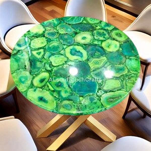 Green Agate Gemstone Coffee Table, Handcrafted Malachite Round Table Top with Hammered Metal Base Polished Green Agate Slice End Table