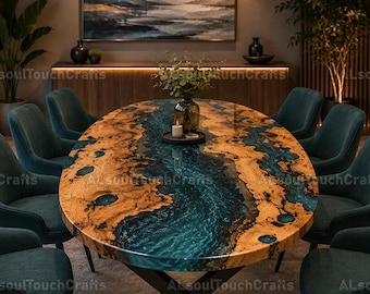 Luxury Live Edge Burl Wood Epoxy River Dining Table, Oval Ocean Blue Resin Conference Table, Custom Room Furniture, Inlaid Wood Table
