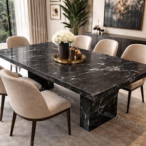 Luxury Black Marble Dining Table, Handmade Natural Stone Kitchen Table, Rectangular Marble Table, Pedestal Base Table, Custom Furniture
