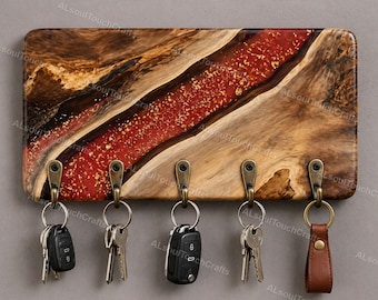 Handmade Live Edge Wood Key Holder for Wall – Crimson Red Epoxy Resin River with Gold Leaf – Burl Wood Key Rack – Modern Entryway Organizer