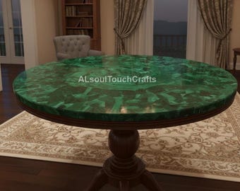 Piano del tavolo da pranzo rotondo in pietra verde malachite / Tavolino da caffè in marmo verde / Mobili decorativi con piedistallo vintage e pietre preziose fatte a mano su misura