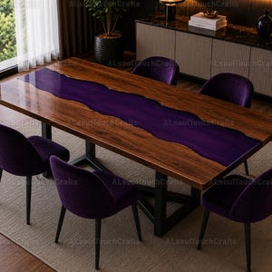 Purple Epoxy Resin River Table, Walnut Wood Dining Table, Custom Live Edge Conference Table, Luxury Modern Kitchen Table