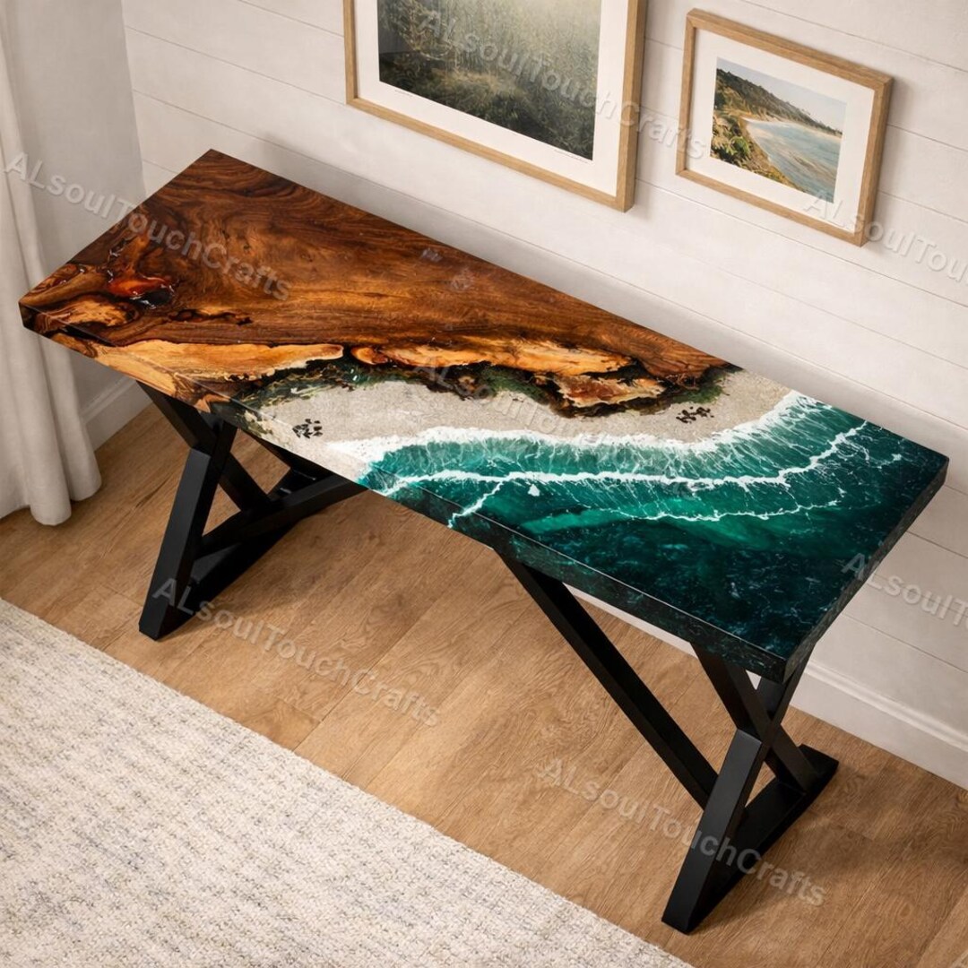 Handmade Ocean Waves Epoxy Table Top, Blue Resin River Desk, Reclaimed ...