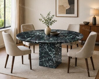 Mesa de comedor redonda de mármol de lujo, mesa con incrustaciones de piedra verde oscuro, mesa de comedor de mármol con pedestal, mesa de cocina moderna, muebles hechos a mano