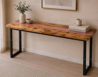 Rose Quartz Epoxy River Console Table, Live Edge Olive Burl Wood Entryway Table, Luxury Pink Resin Table, Modern Hallway Accent Furniture
