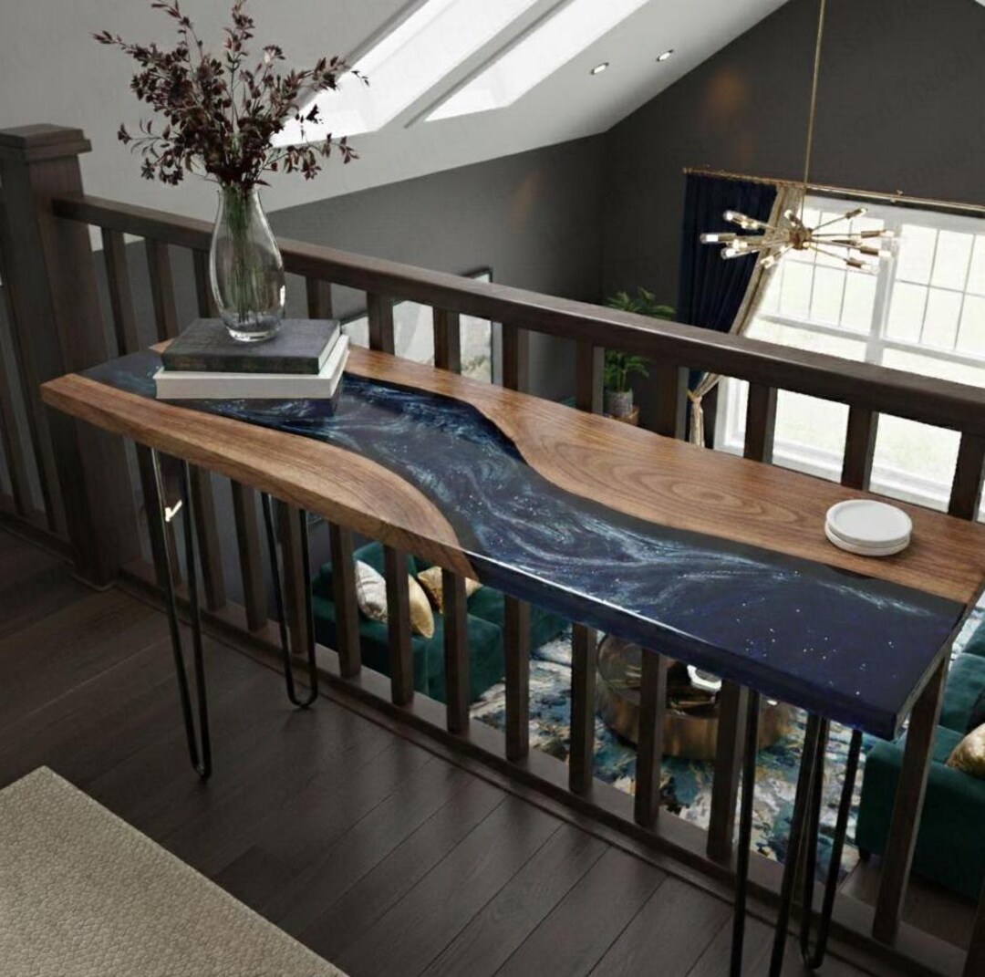 Custom Dark Blue Space River Table, Live Edge Walnut Console, Cosmic ...