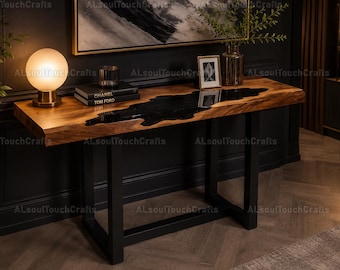 Live Edge Walnut Resin Console Table, Black Epoxy River Table, Luxury Entryway Table, Modern Sofa Table, Behind Table, Hallway Accent Desk