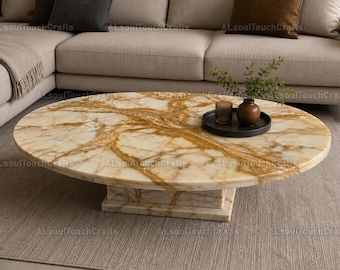 Luxury Honey Onyx Coffee Table, Round Natural Stone Center Table, Modern Onyx Living Room Table, Mid Century Plinth Base Table