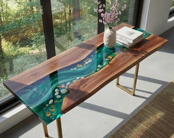 Live Edge Walnut River konsolbord | Teal Ocean epoxihartsskrivbord | Moderna hallmöbler | Guldfärgade metallben | Handgjord träkonstdekor