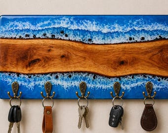 Handmade Ocean Resin Key Holder for Wall | Live Edge Wood Beach Key Rack | Epoxy Wave Art Entryway Organizer | Coastal Home Decor
