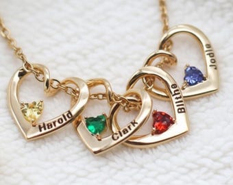 Custom Name Heart Birthstone Necklace, Personalized Birthstone Jewelry, Family Kids Gift For Mom Birthday Gift Gift For Her