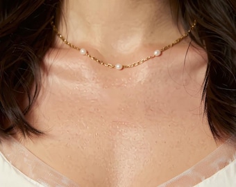 Multiple Pearl Necklace, Dainty Freshwater Necklace, Bridal Gift, Gold Chain Necklace, Double Layer Pearl