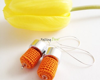 Crochet Earrings, Orange, Cylinder Form Spring Summer Colors Palette 2014, Elegant Jewelry, Romantic, Womens Accessories