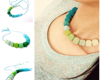 Crochet Necklace / Crocheted / Blue Colour / Green Colour / Summer Fashion / Gift For Her / Cotton / Nature / Summery Beads
