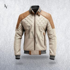 Handmade Men's Diamond Quilted Leather Jacket, Beige & Brown Bomber, Genuine Sheepskin, Custom Fit Moto Style