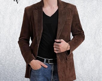 Handmade Brown Suede Leather Blazer: Men's Two-Button Overcoat