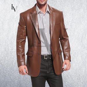 Handmade Cognac Lambskin Leather Blazer: Two-Button Design With Complimentary Leather Wallet