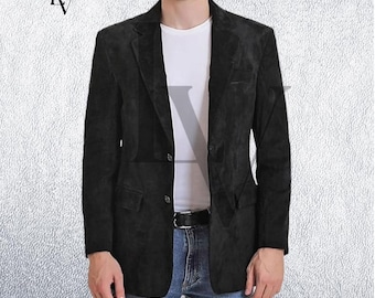 Handmade Black Suede Leather Blazer: Men's Formal Jacket with Leather Wallet