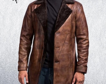 Men's Sheephide Leather Shearling Coat: Brown & Tan Faux Fur Lined Overcoat