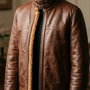 Men's Vintage Waxed Aviator B3 Bomber Jacket | Handmade Ginger Sherpa Lined | Brown Shearling Pilot Jacket | Heavy Duty Winter Wear