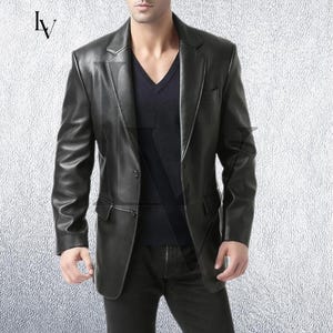 Handmade Lambskin Leather Blazer: Men&#39;s Two-Button Black Coat with Complimentary leather Wallet