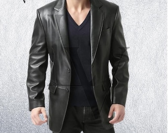 Handmade Lambskin Leather Blazer: Men's Two-Button Black Coat with Complimentary leather Wallet