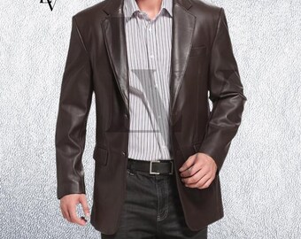 Handmade Lambskin Leather Blazer: Men's Two-Button Brown Coat with Complimentary Leather Wallet