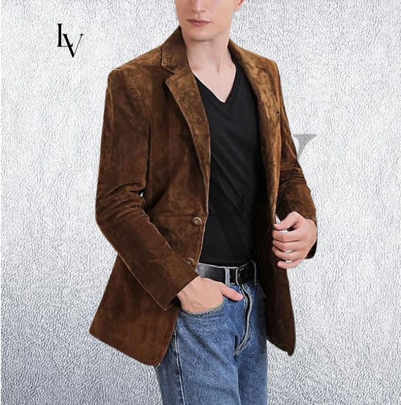 tobacco brown blazer Handmade Tobacco Suede Leather Blazer: Men's Two-Button Jacket