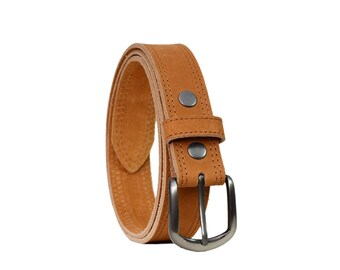 Handmade Tan Genuine Leather Belt for Men – Double-Stitch Everyday Luxury – Premium Full Grain Leather Strap – Sophisticated Gift for Him