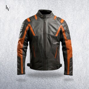 Handmade Men's Black & Orange Sheepskin Cafe Racer Leather Jacket
