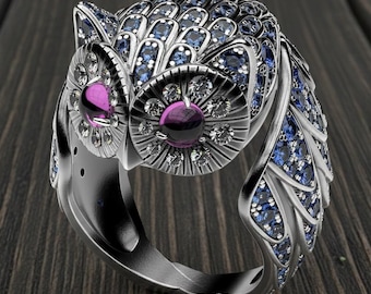 Owl Diamond Ring – Sterling Silver Owl Ring for Women, Handmade Animal Jewelry, Wisdom Spirit Bird Ring Gift