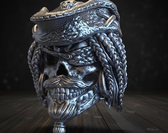 Anello da uomo in argento sterling 925 con teschio e ossa di pirata e teschio realistico - Italia