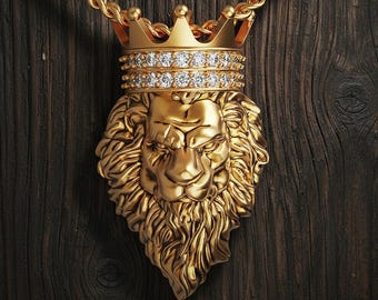 King Lion Crown Diamond Pendant – Sterling Silver Royal Lion Necklace, Men’s Statement Jewelry