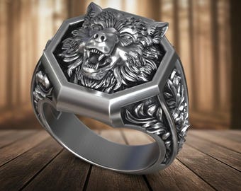 Men’s Wolf Signet Ring, 925 Sterling Silver Animal Crest Ring, Bold Statement Jewelry