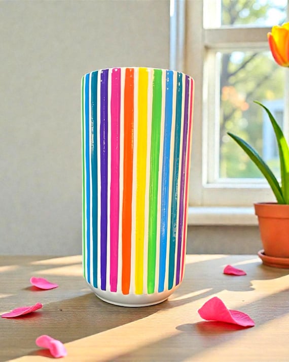 Hand-Painted Rainbow Ribbed Ceramic Vase – Colourful Statement Home Decor