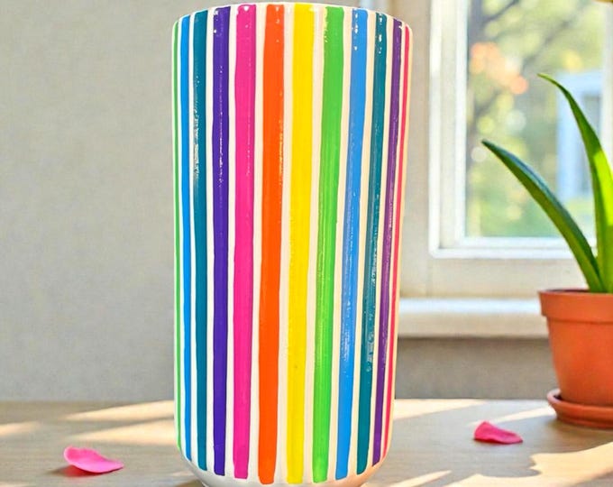 Hand-Painted Rainbow Ribbed Ceramic Vase – Colourful Statement Home Decor