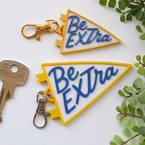 May include: Two keychains with the text "Be Extra" in blue script on a white pennant-shaped background with a yellow border. A gold-colored key and a sprig of green leaves are also visible.