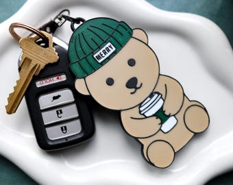 Llavero personalizado con taza de oso barista / Regalo para amantes del café y el matcha impreso en 3D - Gorro con monograma personalizado